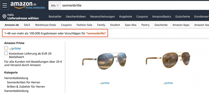 El algoritmo de Amazon influye significativamente en la búsqueda, por ejemplo, este par de gafas de sol.