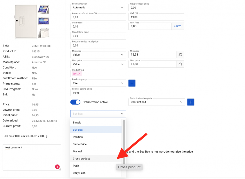 Captura de Pantalla de la Estrategia de Producto Cruzado para SELLERLOGIC Repricer