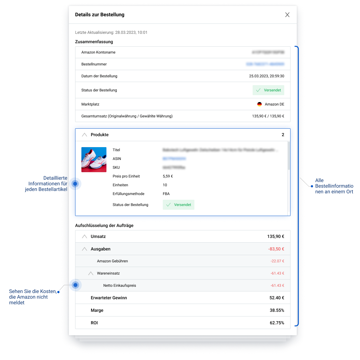 Detailansicht der 'Bestellungen'-Seite in unserem Amazon Analytics Tool