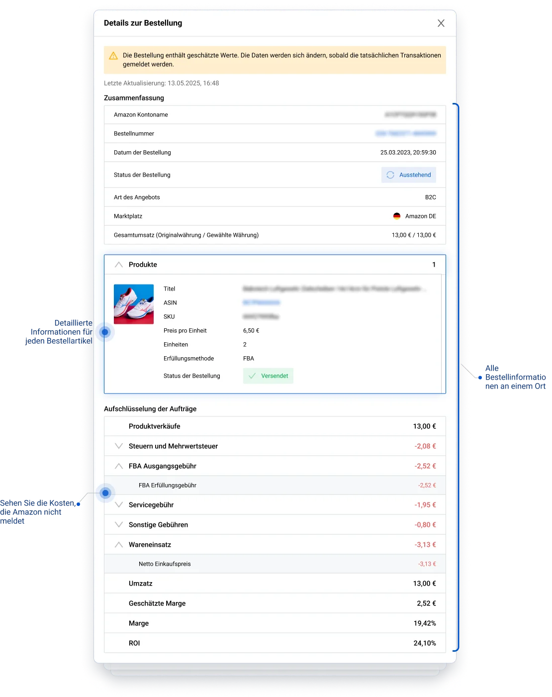 Bestellungen-Seite von SELLERLOGIC Business Analytics mit Echtzeitdaten zu Amazon-Bestellungen, Artikeldetails und Kostenaufschlüsselung.